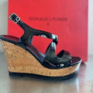 Donald J. Pliner Black Patent Leather Slingback Buckle Cork Wedge Heel 7.5